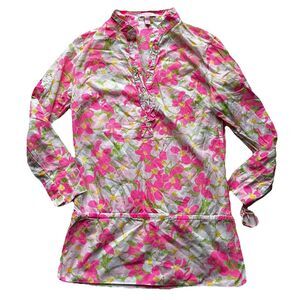 Lilly Pulitzer Pink Flamingo Cotton Tunic Roll Tab Sleeves V-Neck Blouse Sz 6